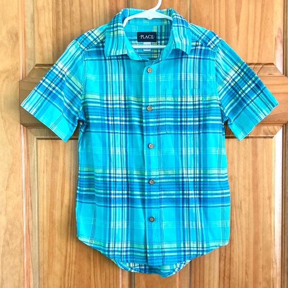 Boys size 7/8 Children’s Place teal/turquoise short sleeved button up shirt - Picture 1 of 5